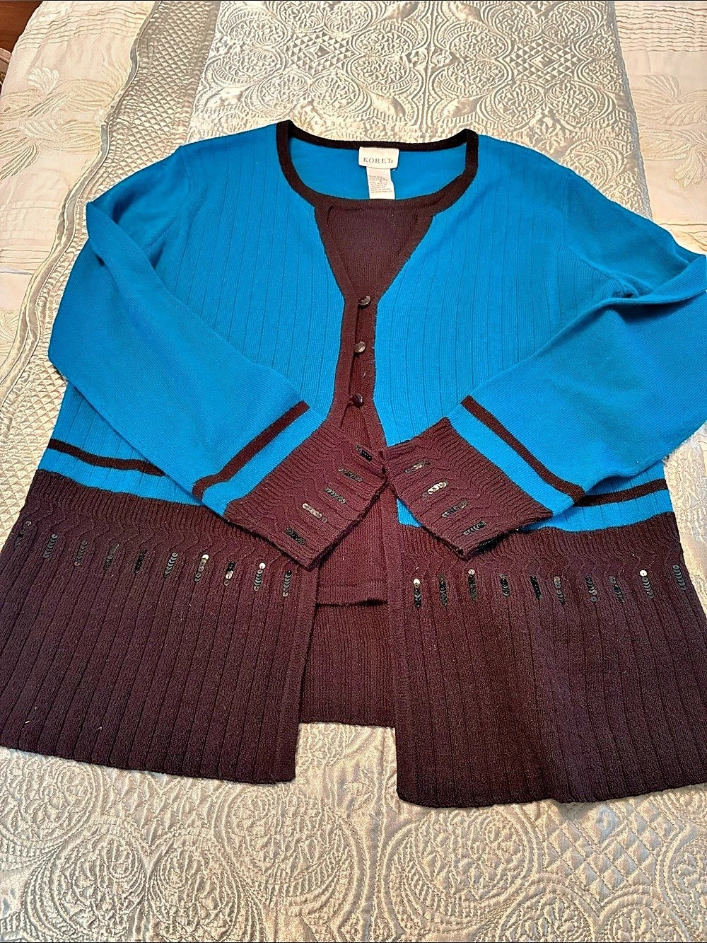 Koret Color Block Cardigan in Blue & Brown Size Medium Like New